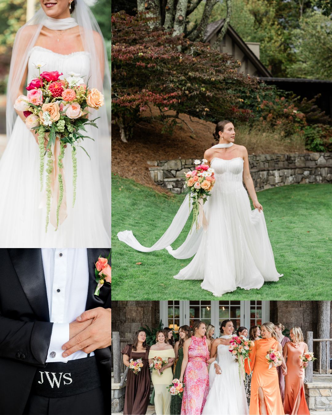 A bride in a white gown holds a colorful bouquet; group photos show bridesmaids in varied dresses and a man in a tuxedo with monogrammed cuffs.