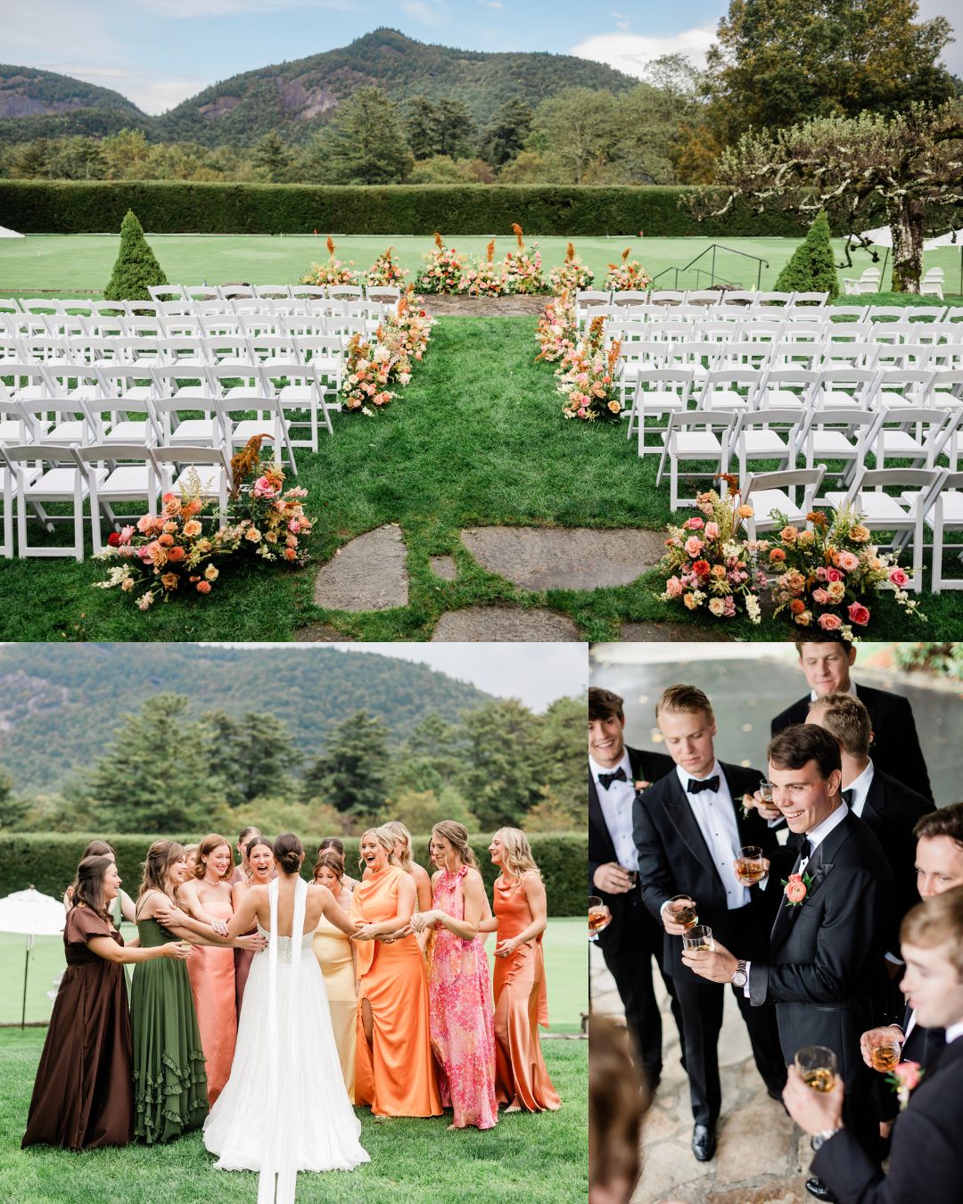 Outdoor wedding setup with rows of white chairs and floral arrangements, bridesmaids in colorful dresses, and groomsmen in black suits toasting. Mountains in the background.