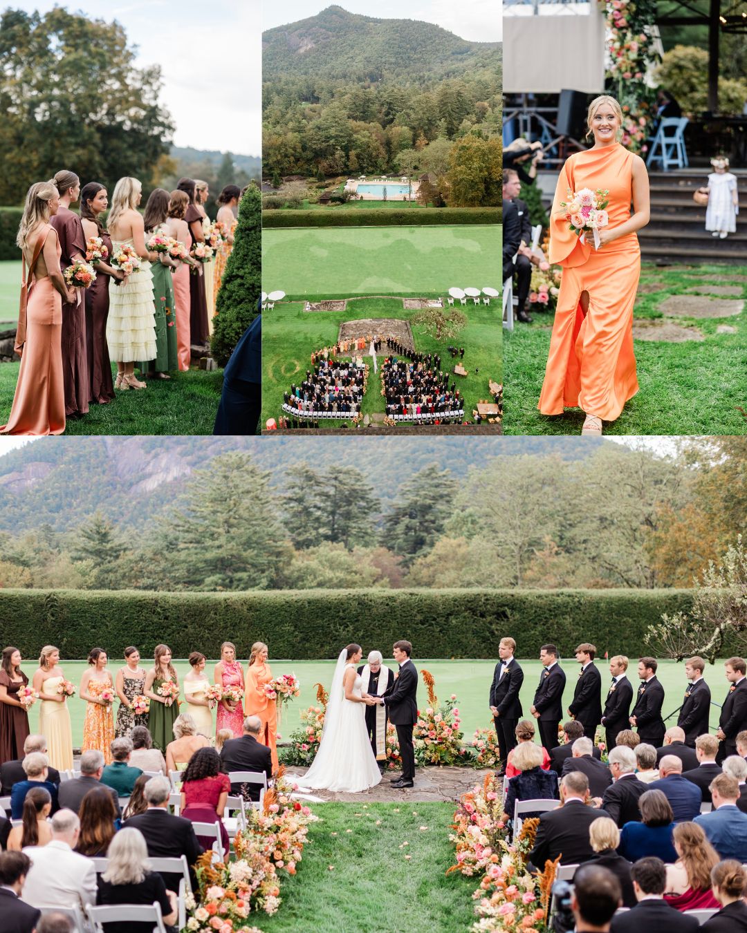 A wedding ceremony outdoors with guests seated, the wedding party in colorful dresses and suits, and scenic hills in the background.