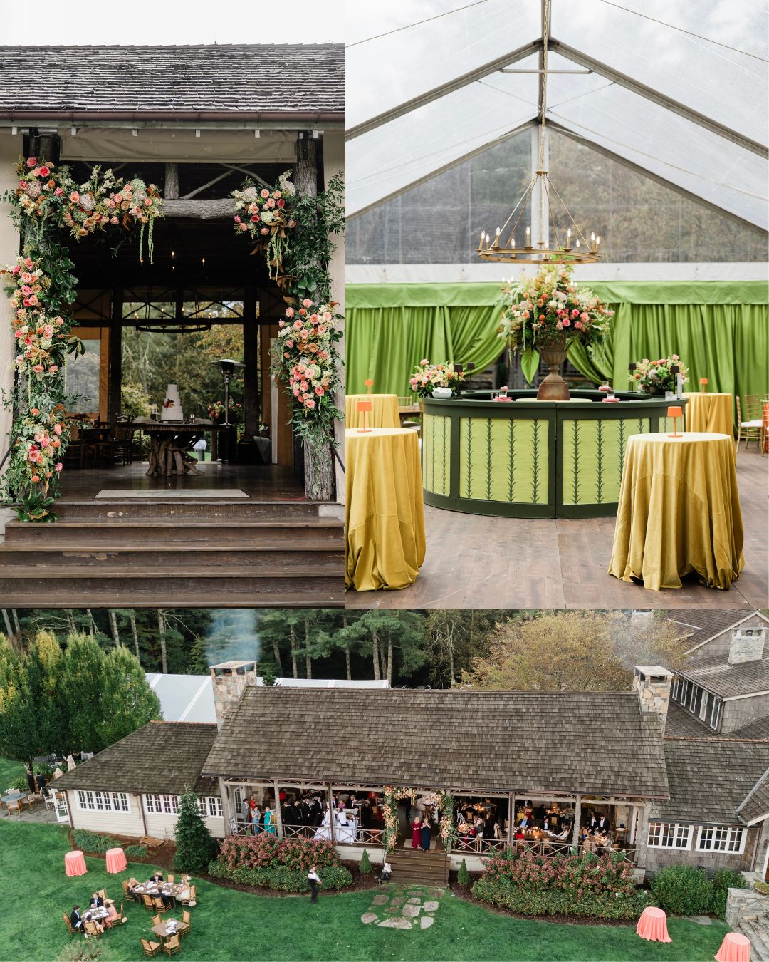 A collage shows a decorated event venue: a floral entrance, a tented area with green and gold decor, and an exterior view of the house with chairs and floral arrangements.