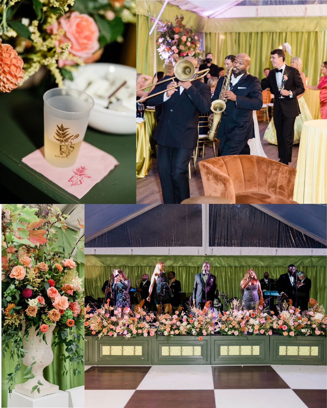 Collage of a formal event featuring a cocktail with a flower napkin, a live brass band, floral arrangements, and a group of singers on stage.