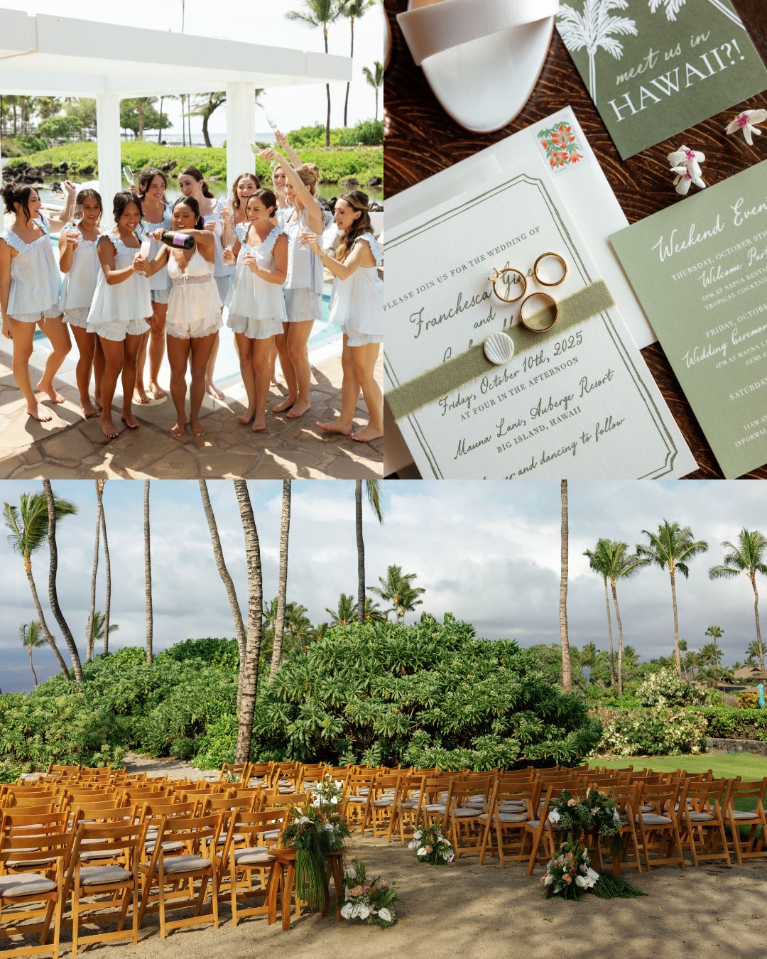 A collage showing bridesmaids by a pool, wedding invitations and rings on a table, and an outdoor wedding ceremony setup with chairs and greenery.