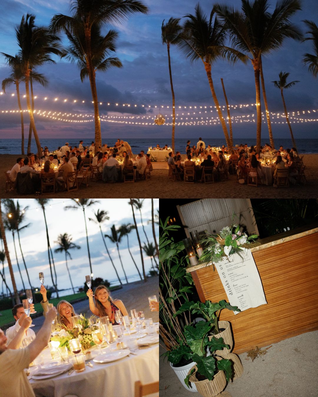 An outdoor beach dinner event at sunset with string lights, guests seated at decorated tables, and a wooden bar with a menu surrounded by greenery.
