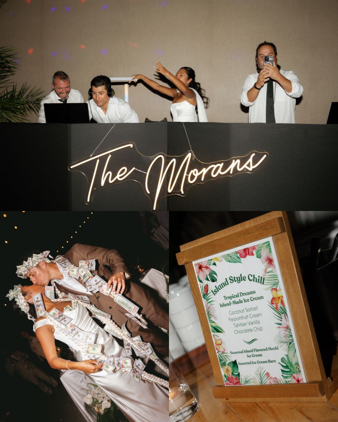 A collage with DJs behind a sign reading "The Morans," a person in money-themed attire dancing, and a framed menu with a tropical design.