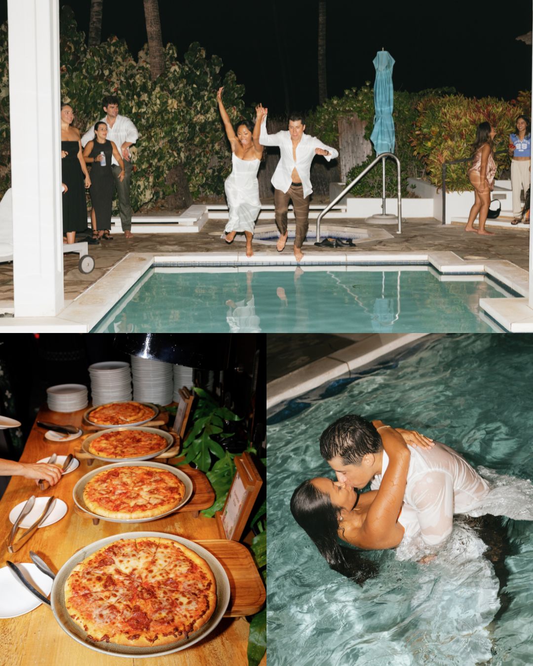 Three photos: people jump into a pool at night, three pizzas on a table, and a couple in wet clothes hugging in the pool.