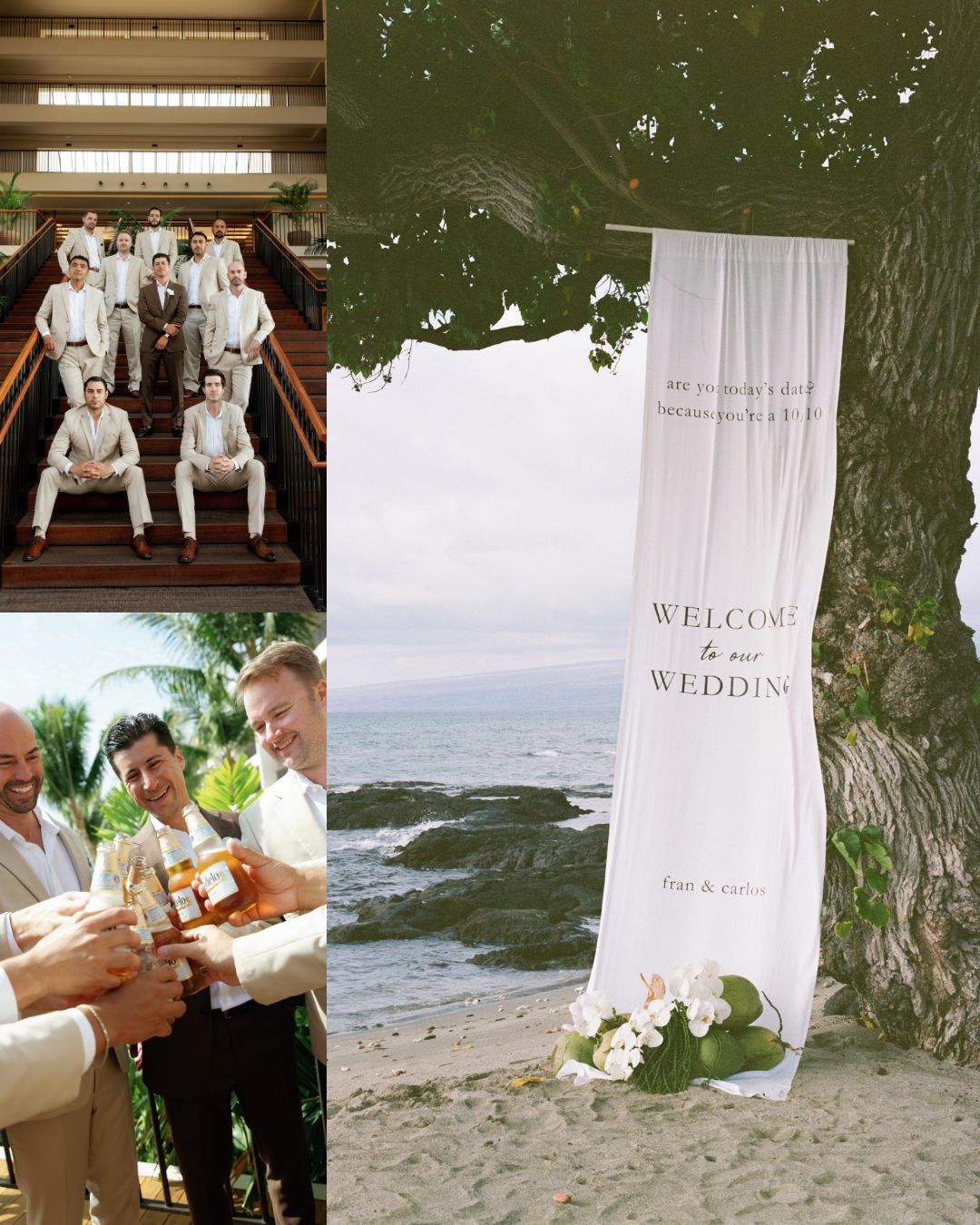 A collage shows men in light suits on stairs, men toasting drinks outdoors, and a white “Welcome to our Wedding” banner on a beachside tree.