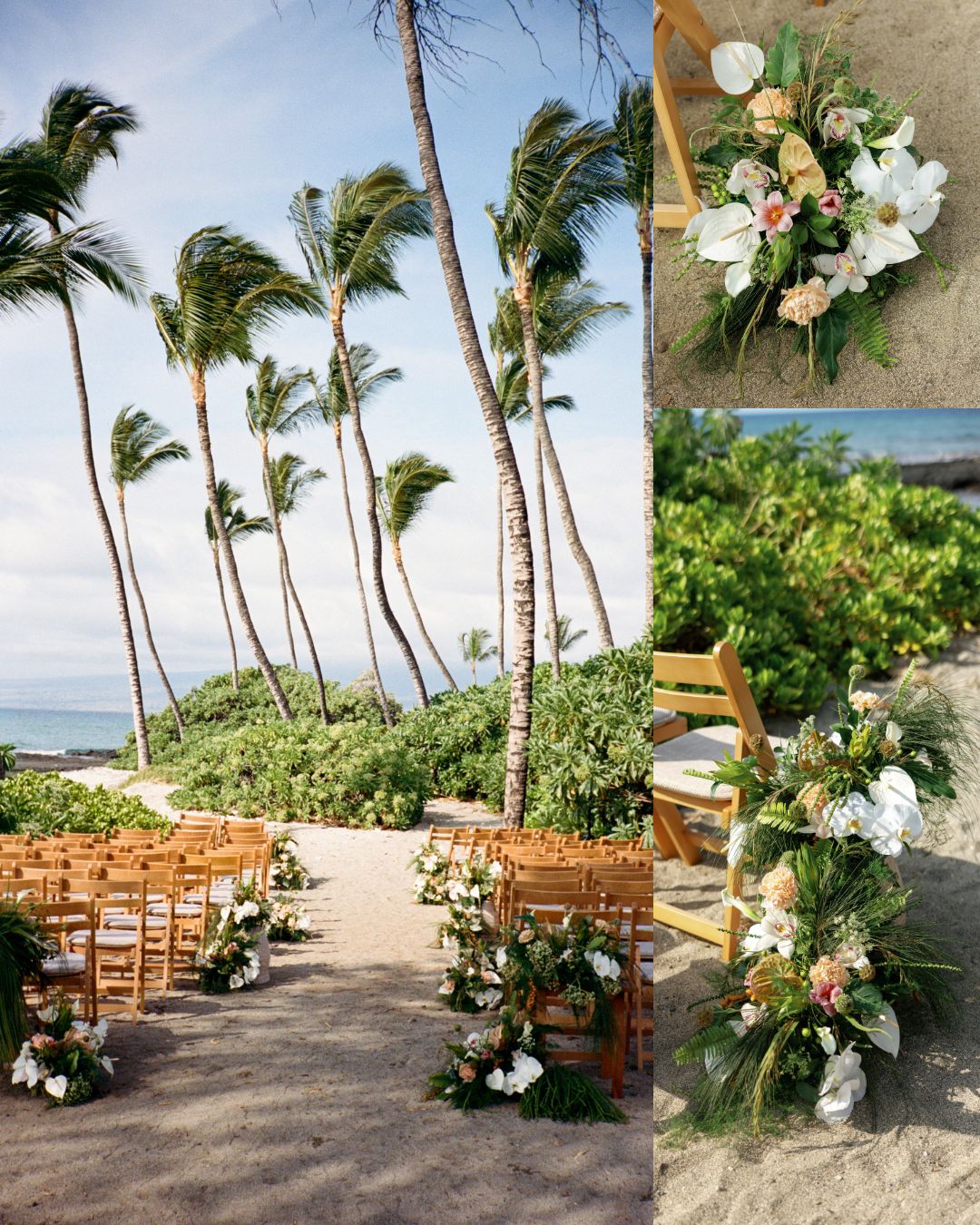 Beach wedding ceremony setup with wooden chairs, floral arrangements along the aisle, palm trees, and blue sky. Close-up images of flower decorations are shown on the right.