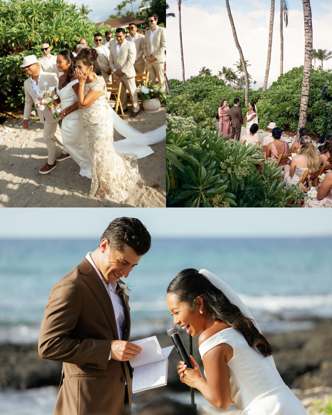 A bride and groom at a beach wedding, walking with their wedding party, standing with guests among greenery, and reading vows by the ocean.