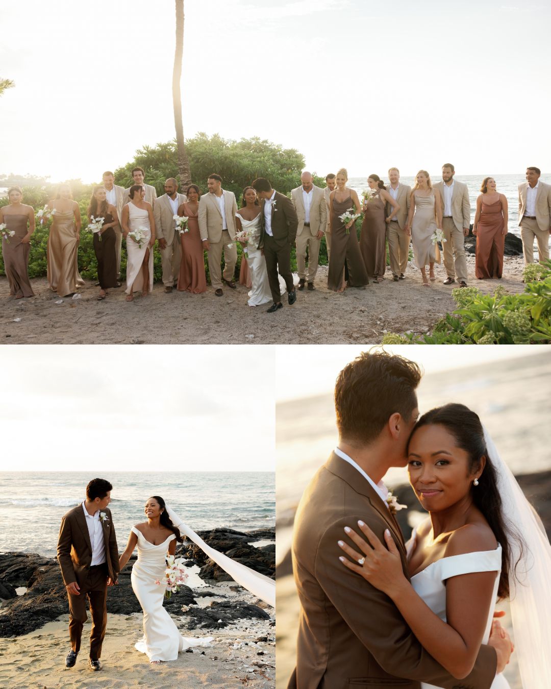 Three wedding photos: top shows a large group on a beach, bottom left a couple walking by the ocean, and bottom right the couple embracing and smiling at the camera.