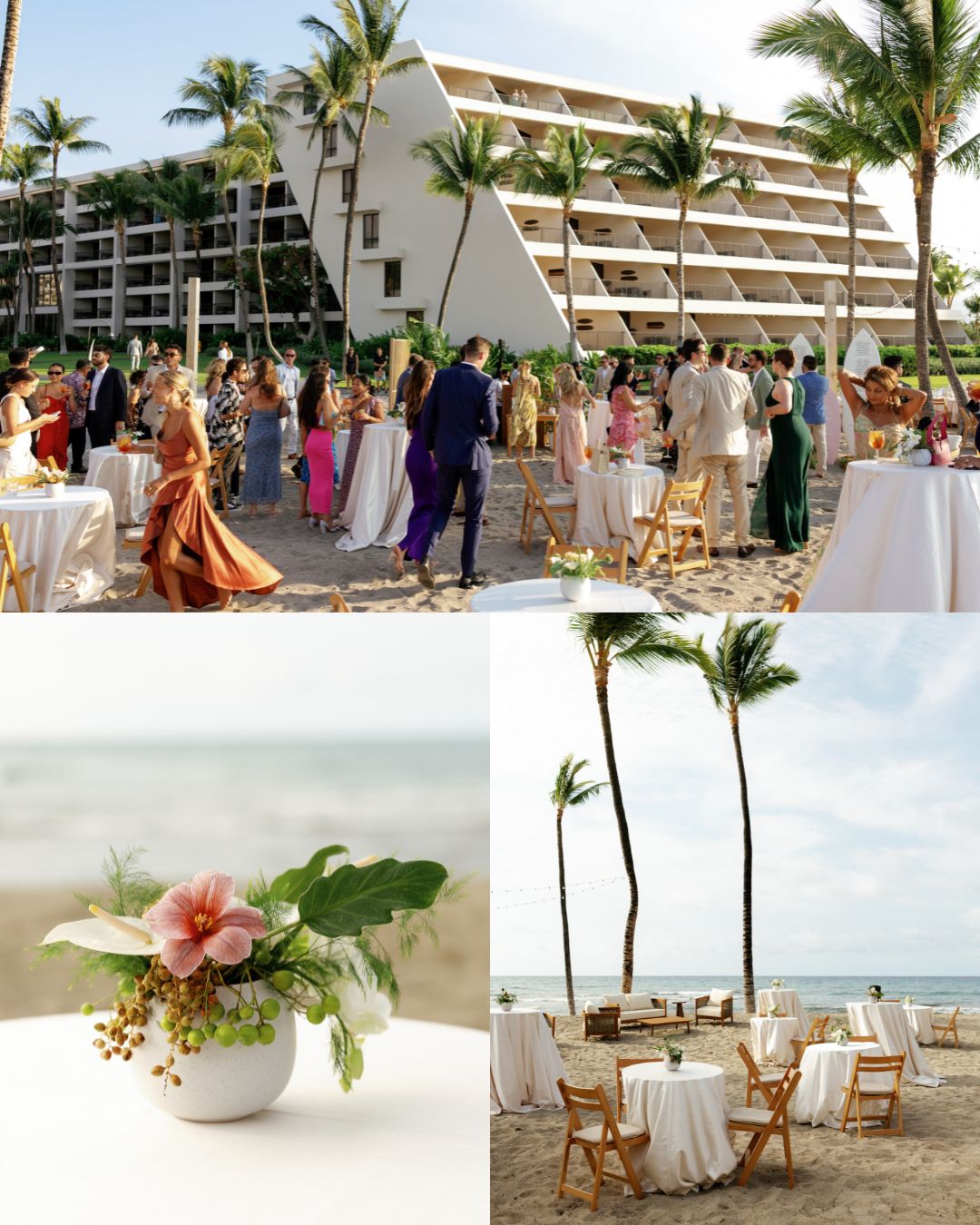 A beachside event with guests mingling near a modern hotel, tables set with white cloths, simple floral centerpieces, and palm trees by the ocean.