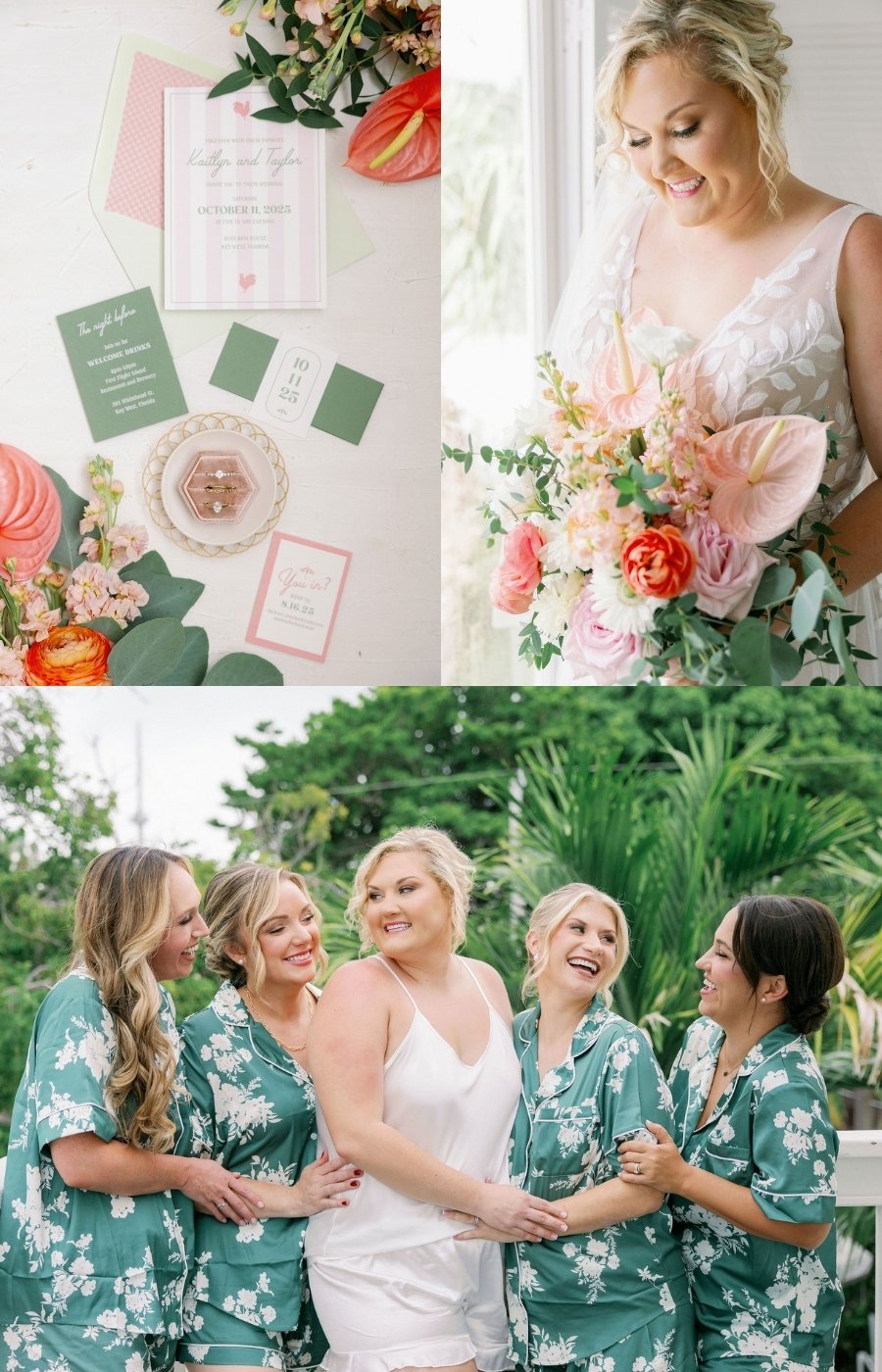 A collage shows wedding invitations and flowers, a bride holding a bouquet by a window, and the bride with bridesmaids in green floral robes outdoors.