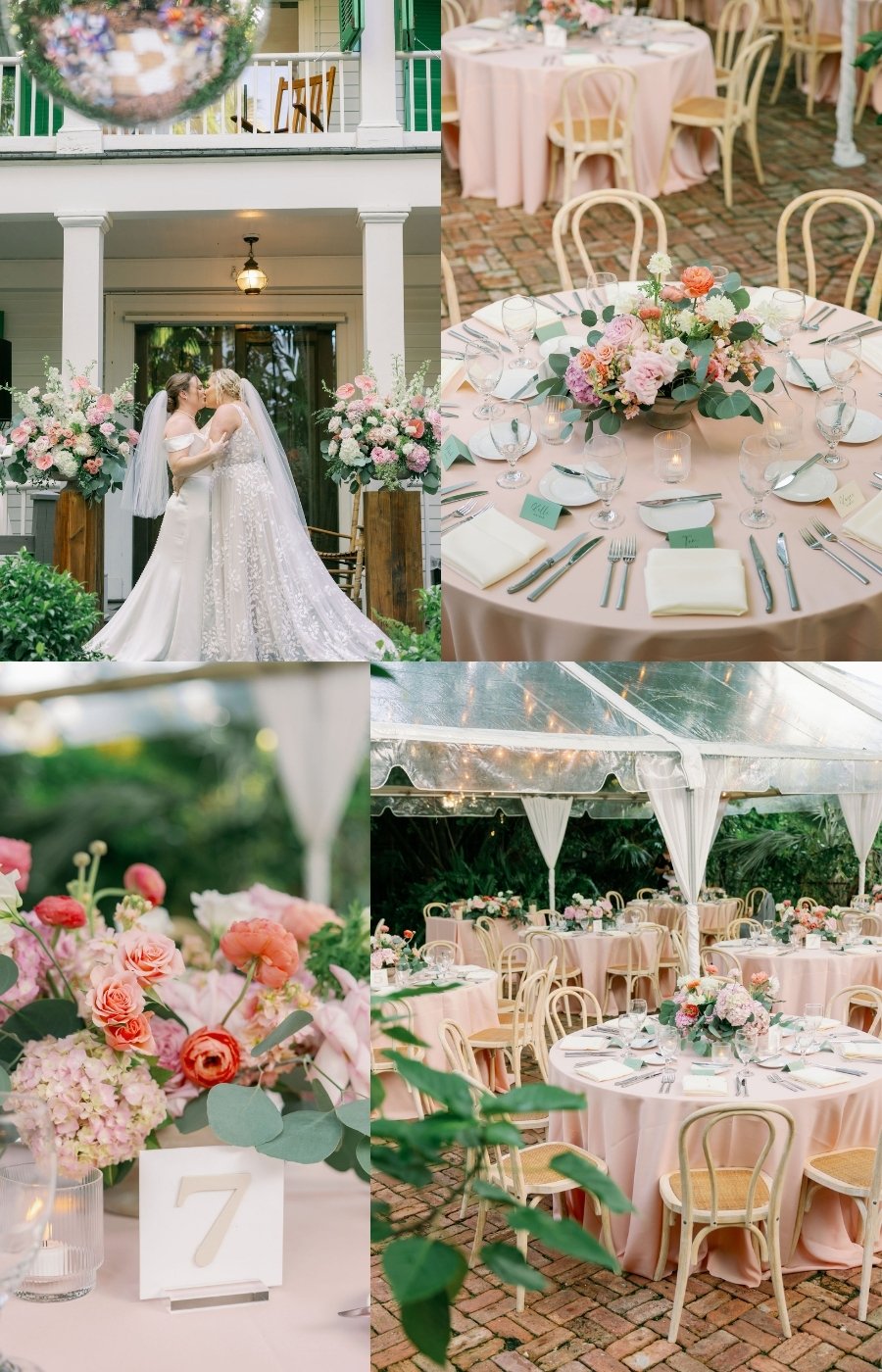 Collage of a wedding featuring brides kissing, floral centerpieces, numbered table, and round tables set for a reception with pink tablecloths and wooden chairs.