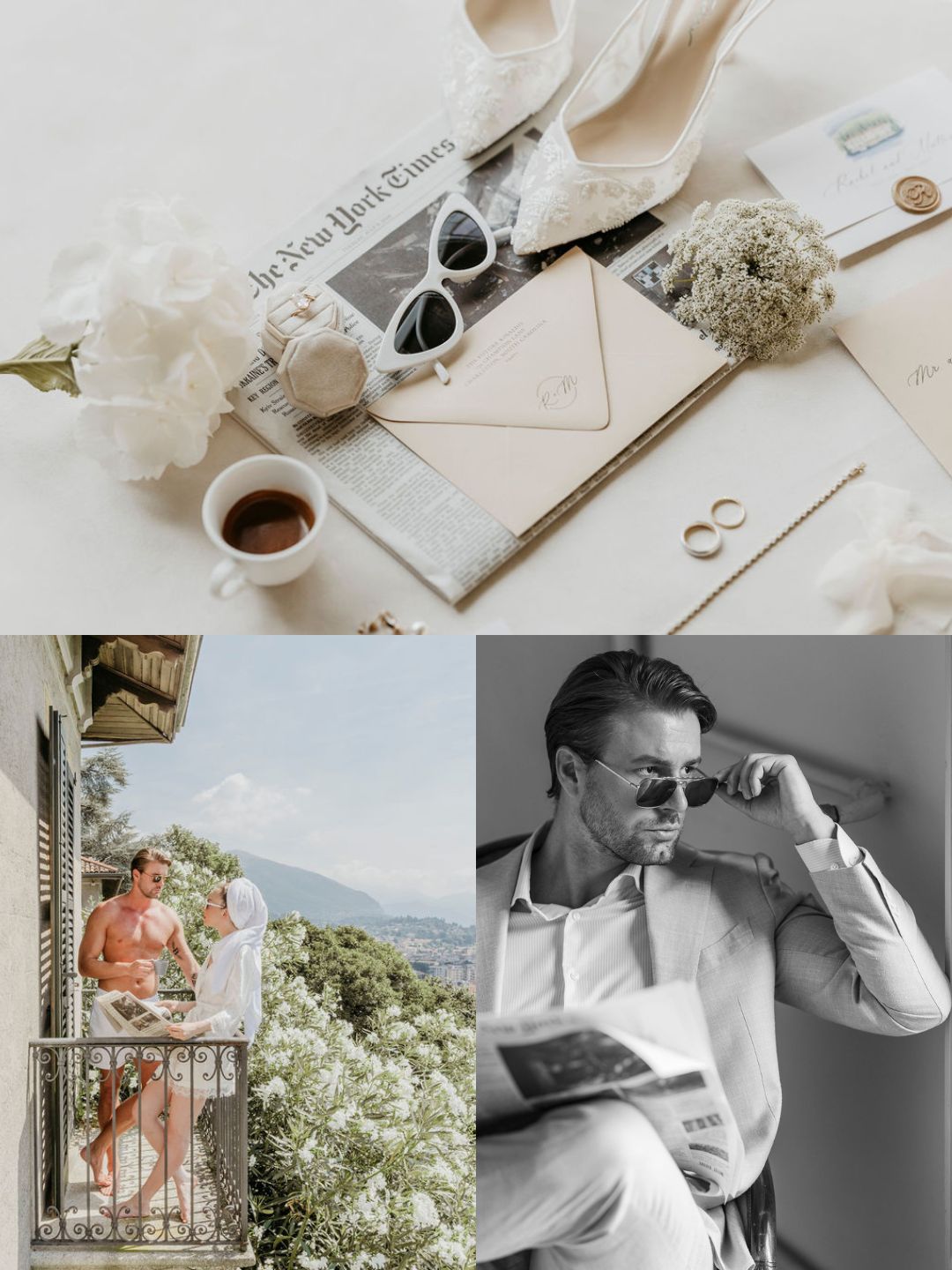 A flat lay of elegant accessories, stationery, and coffee; below, a couple stands on a balcony and a man sits reading a newspaper while wearing sunglasses.
