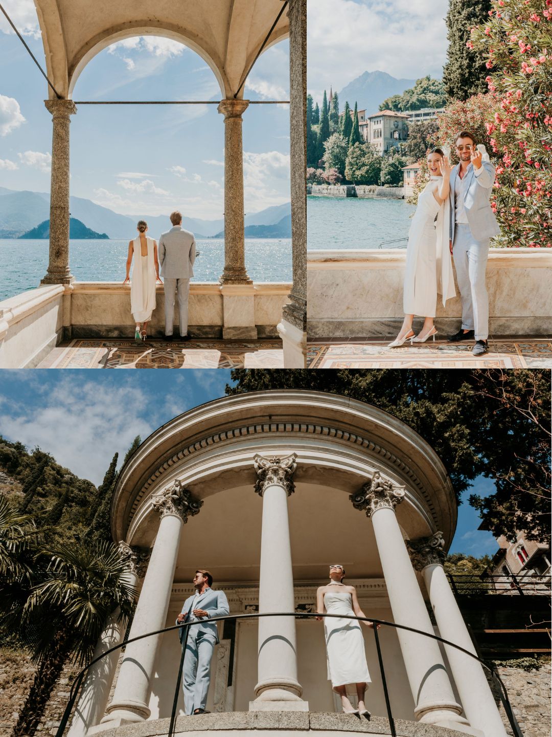 Two images of three people in formal attire at an outdoor location with columns, a lake, and lush greenery under a sunny sky.
