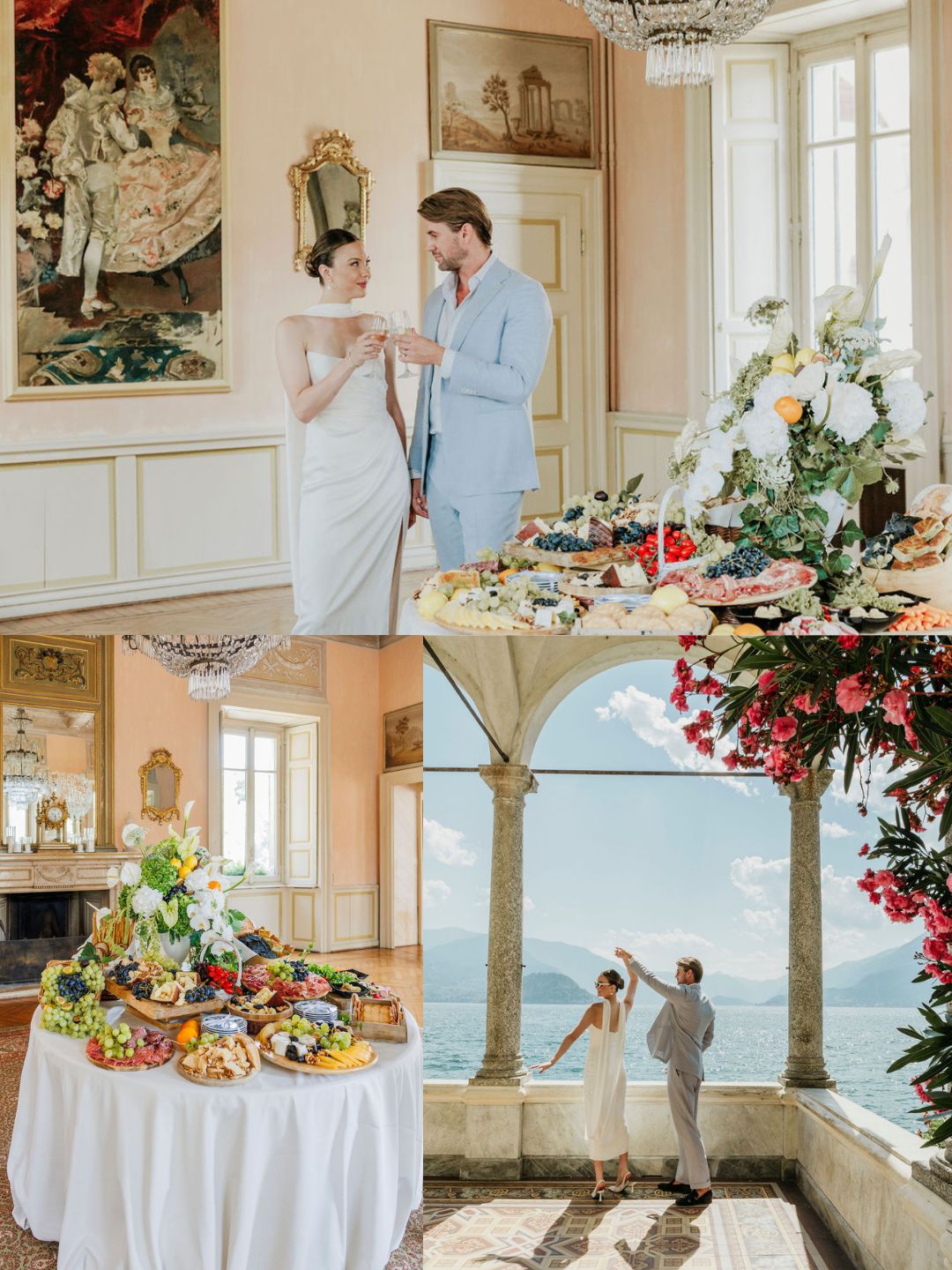A couple in formal attire toasts by a table of food indoors; below, tables with assorted food and a couple dancing on a terrace overlooking the sea.