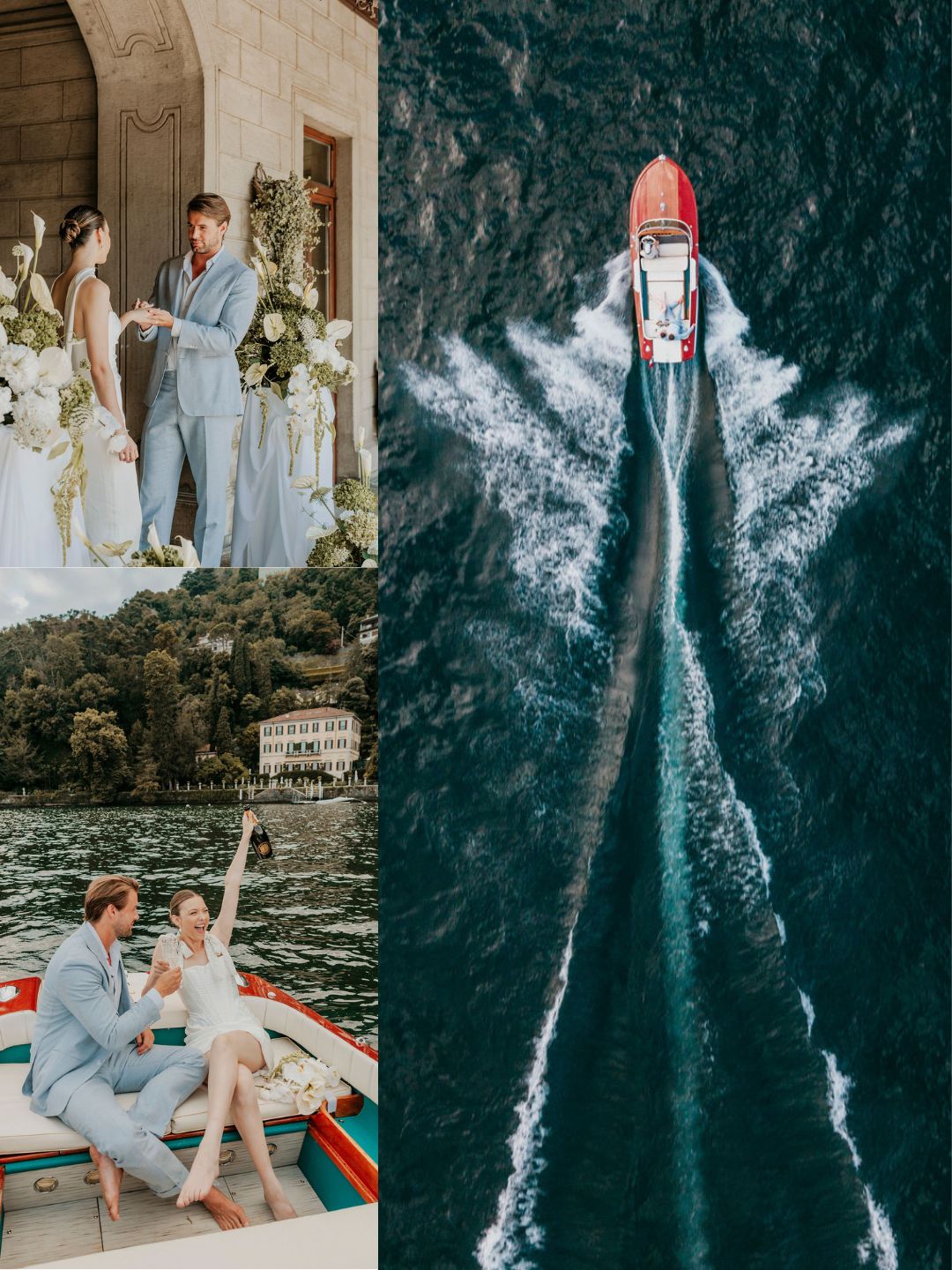 Collage of three images: a couple at a wedding ceremony, an aerial view of a boat on water, and the couple celebrating on the boat near a lakeside villa.