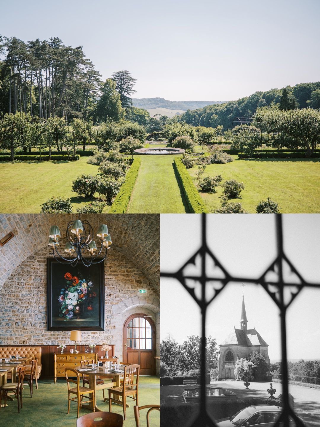 A collage showing a formal garden, a rustic interior with tables and a painting, and a church viewed through a leaded glass window.