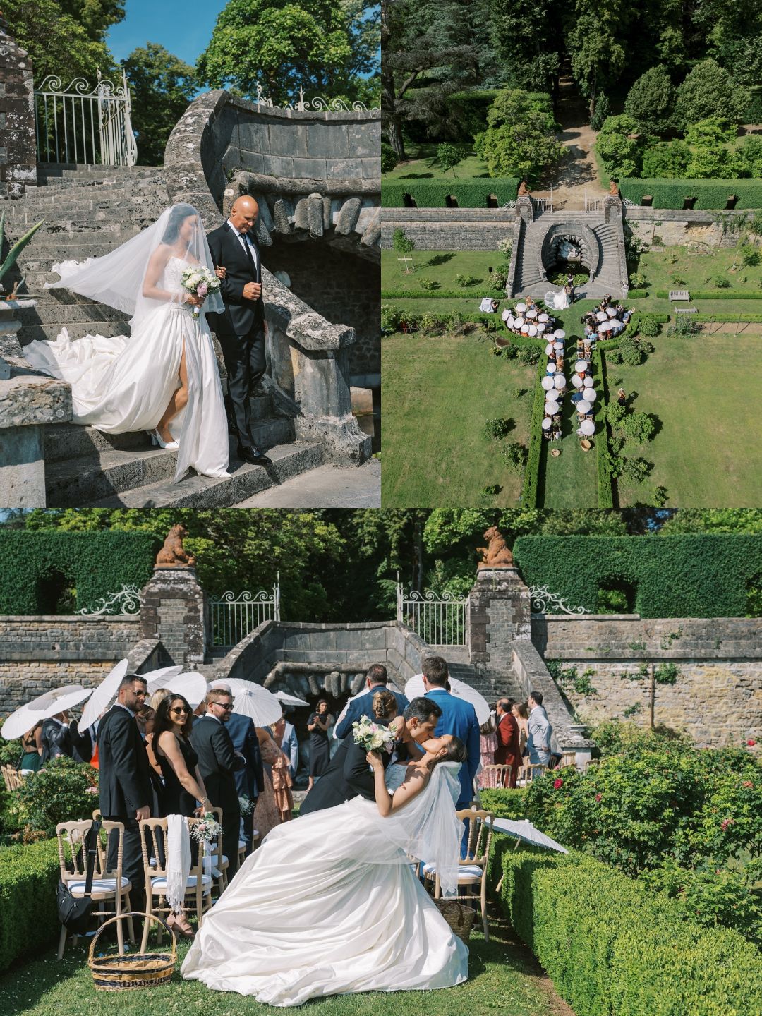 A bride and groom walk down stone steps, an aerial view of a formal garden with wedding decor, and guests celebrating outdoors in a garden setting.