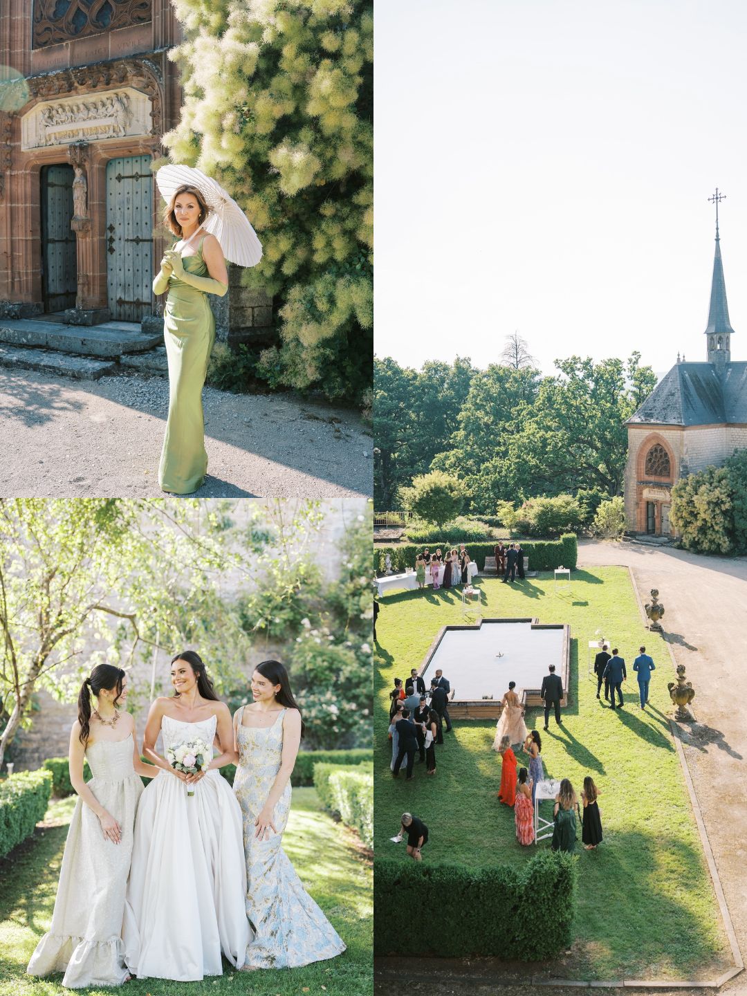 A collage shows a woman in a green dress with a parasol, three women in wedding gowns, and an outdoor wedding gathering near a chapel.