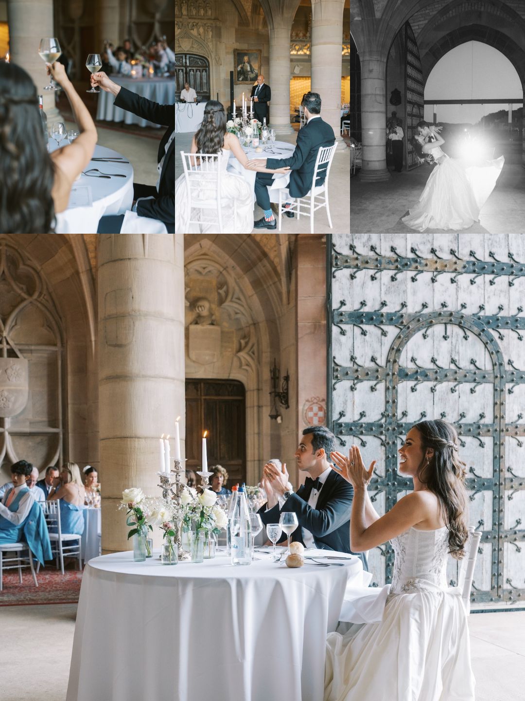A bride and groom sit at a round table in an ornate hall, raising glasses in a toast with guests; smaller inset photos show wedding moments and guests at the same event.
