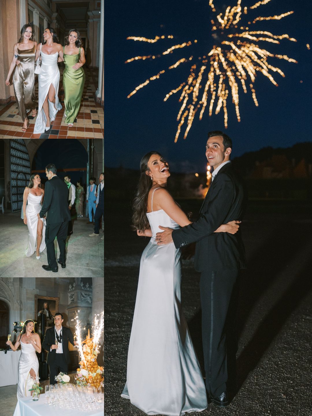 A couple in formal attire dances outdoors under fireworks at night, with smaller images showing them walking and celebrating with guests indoors.