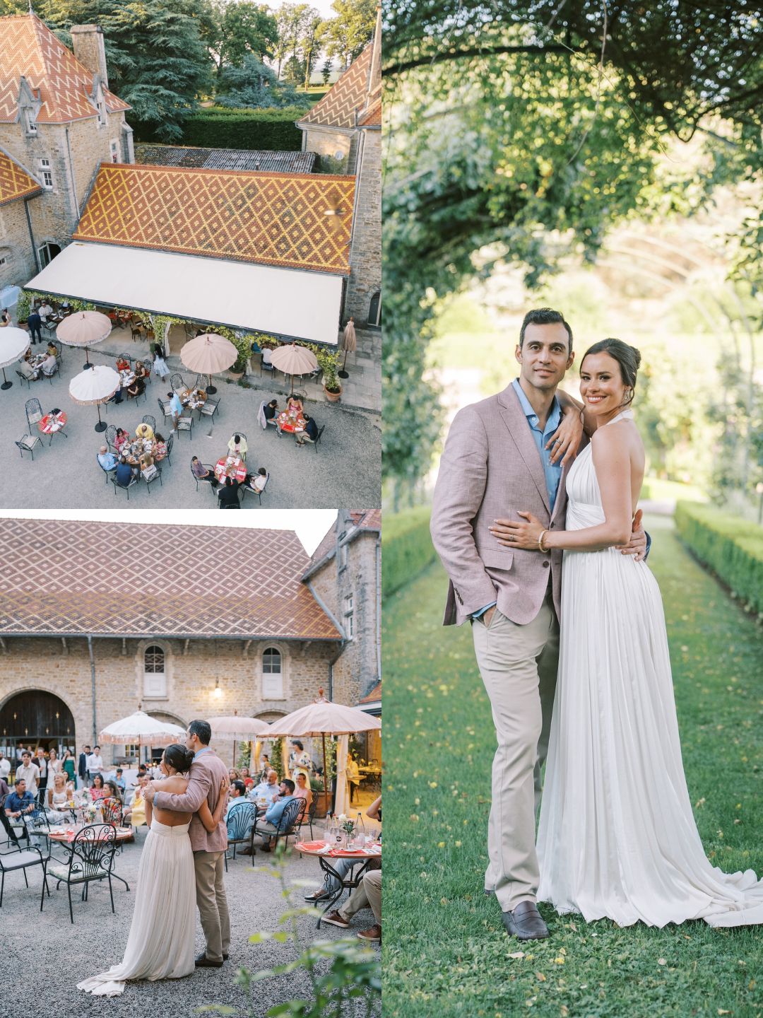 Collage showing an outdoor wedding reception at a courtyard with guests seated at tables, and a couple posing together, with the bride in a white dress and the groom in a light suit.