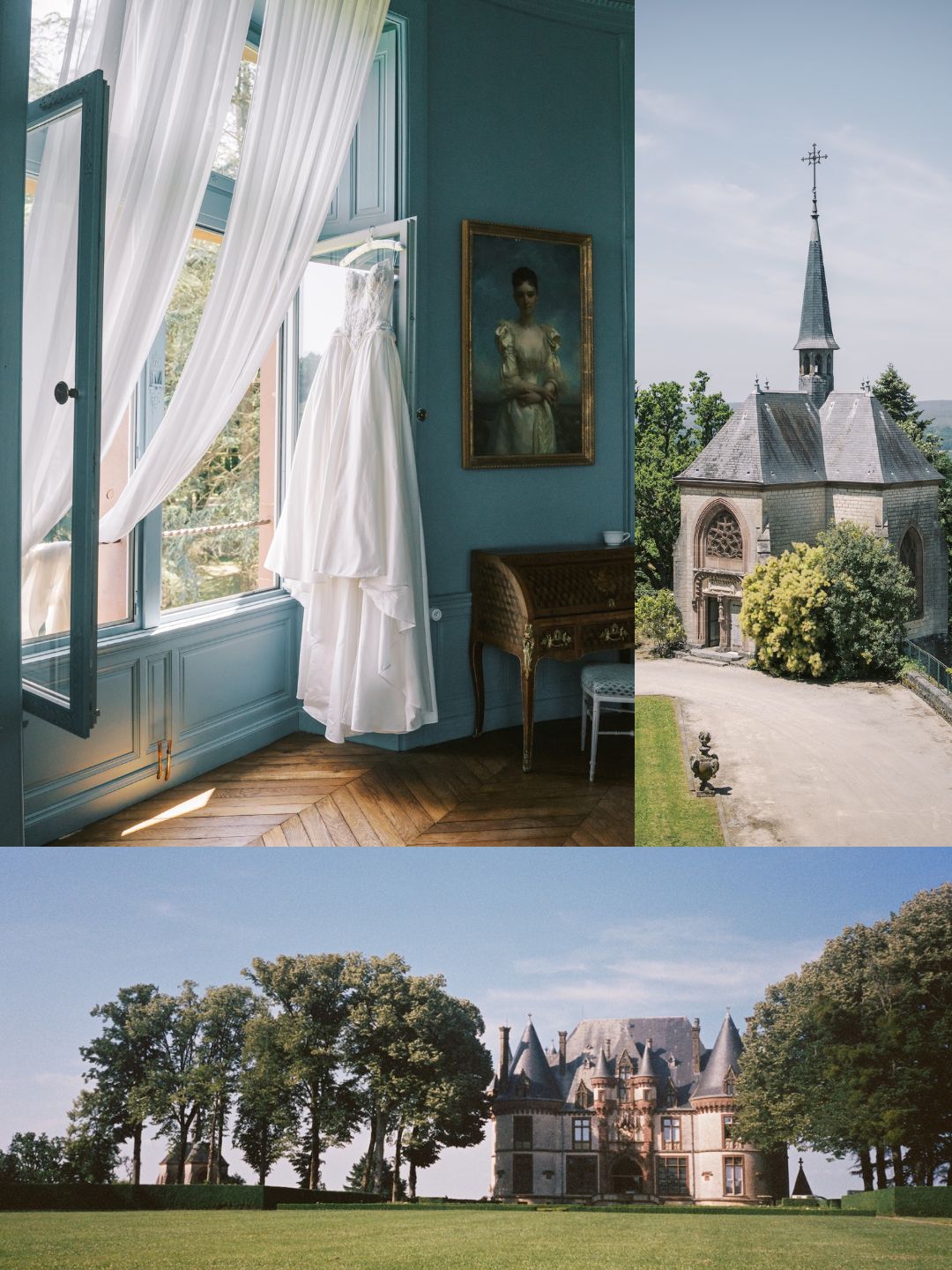 A white dress hangs near a window in a blue room, next to a portrait; a small chapel and a large chateau are seen outside on a sunny day.