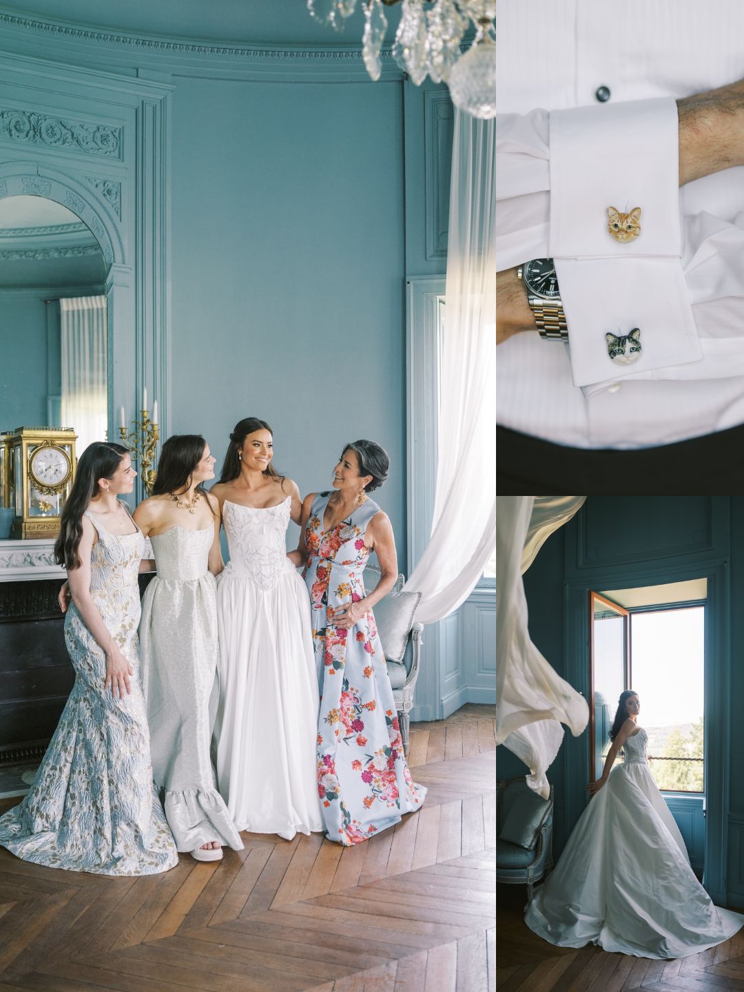 Four women in formal gowns stand together in an elegant blue room; details include cufflinks on a man's shirt and a bride by a window with flowing curtains.