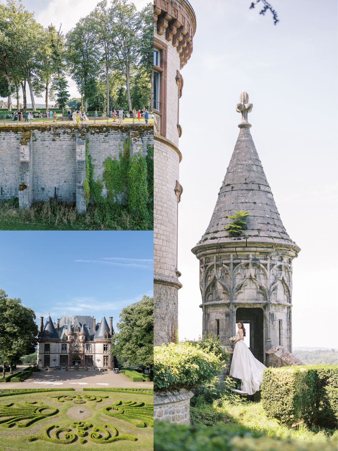 Collage showing a stone wall with greenery, a small round turret, and a large chateau with manicured gardens under a blue sky.