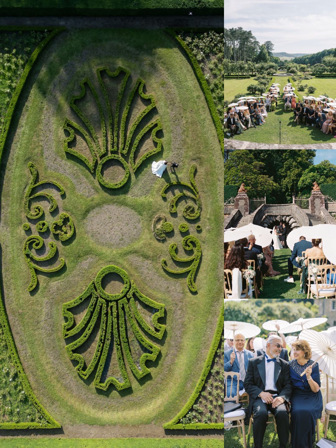 Aerial view of an ornate garden design on the left; on the right, three photos show a formal outdoor event with seated guests and speakers.