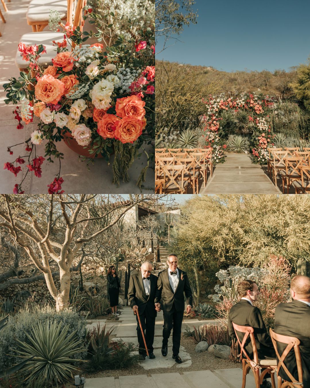 A wedding scene with floral arrangements, an outdoor ceremony arch adorned with flowers, and two men in suits walking down an aisle with seated guests nearby.