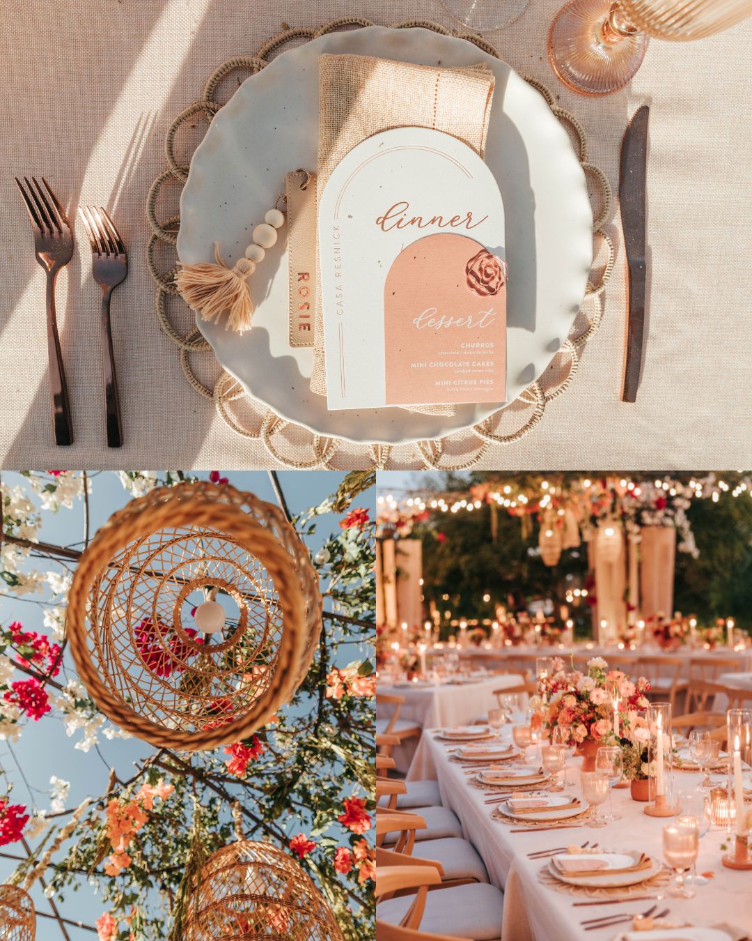 A set dining table with a menu, elegant place setting, hanging woven lanterns with flowers, and a long outdoor table decorated with flowers and lights.