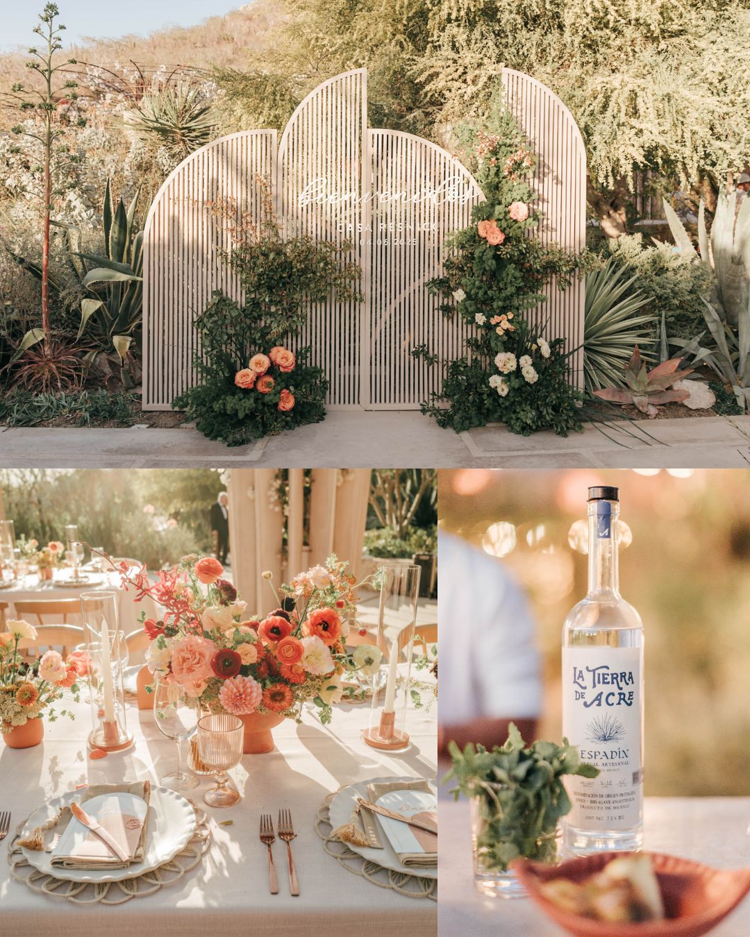 Outdoor wedding setup with a decorative floral backdrop, a table set with flowers and plates, and a close-up of a bottle of tequila with mint and limes.