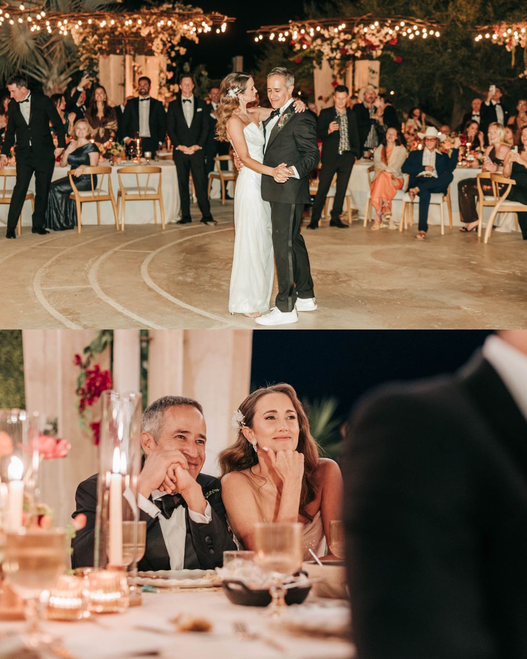 A bride and groom dance while guests watch; below, a man and woman sit at a decorated table, smiling and looking toward someone out of frame.
