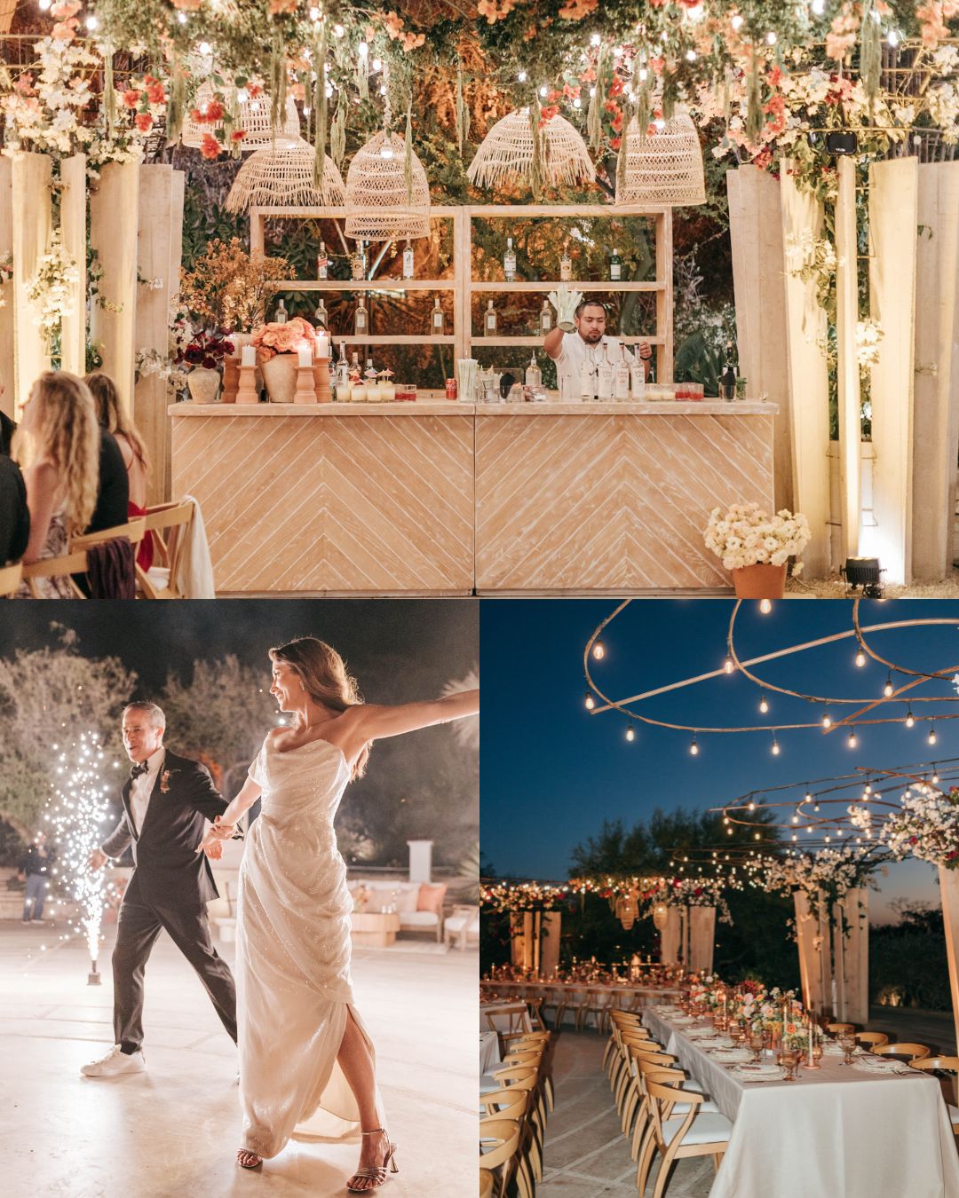 Collage showing a decorated bar, a couple dancing outdoors with sparklers, and a long banquet table set under string lights at a wedding reception.