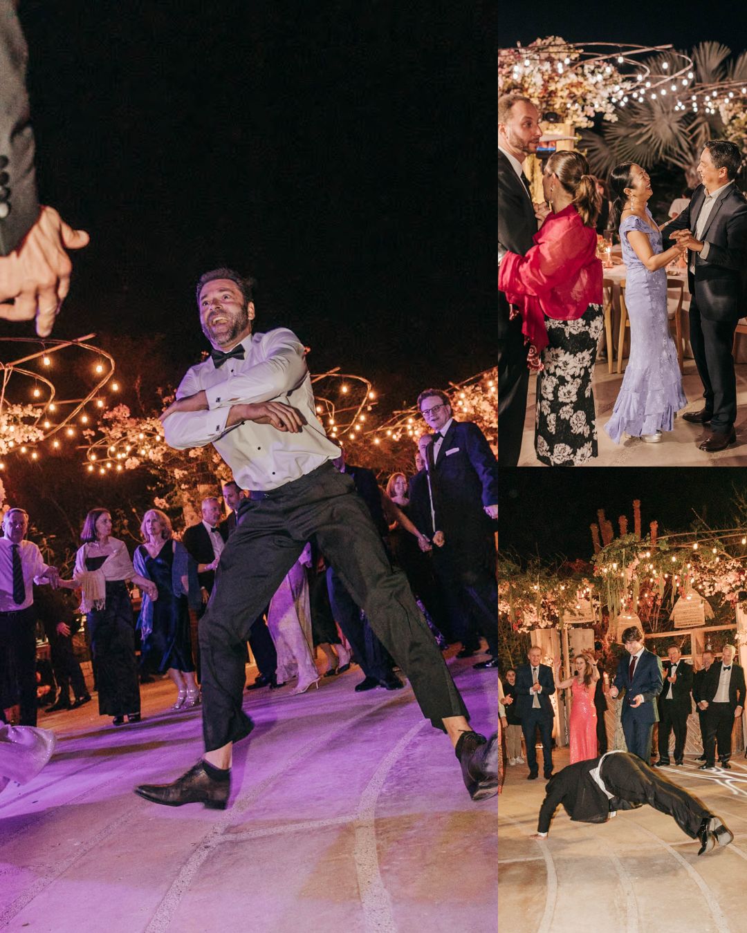 A man dances energetically at an outdoor night event, while smaller images show people dancing and mingling under string lights.