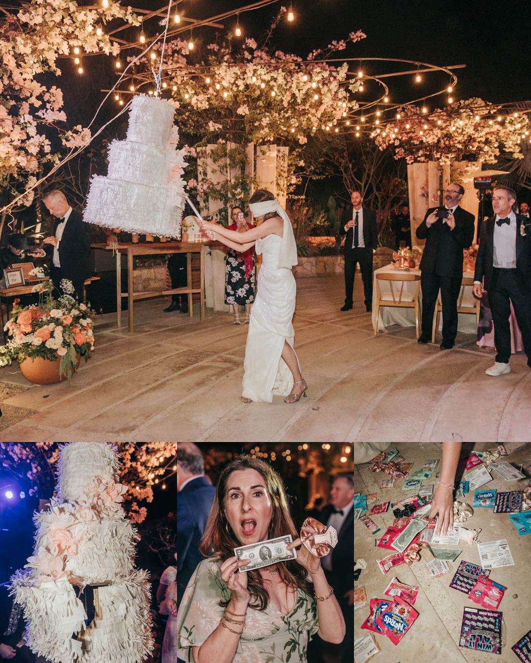 A bride hits a large cake-shaped piñata at an outdoor wedding reception; guests look on and collect prizes and cash from the piñata.