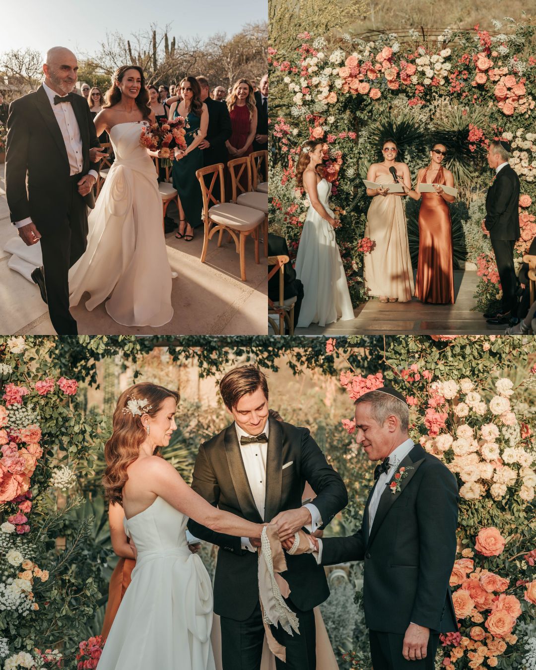 A bride and groom participate in an outdoor wedding ceremony with guests, floral decorations, and an officiant.