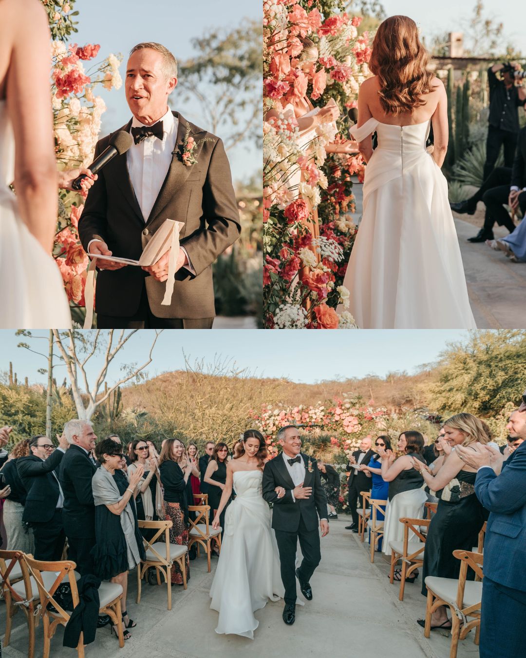 A bride and groom exchange vows at an outdoor wedding ceremony, then walk down the aisle together as guests stand and applaud.