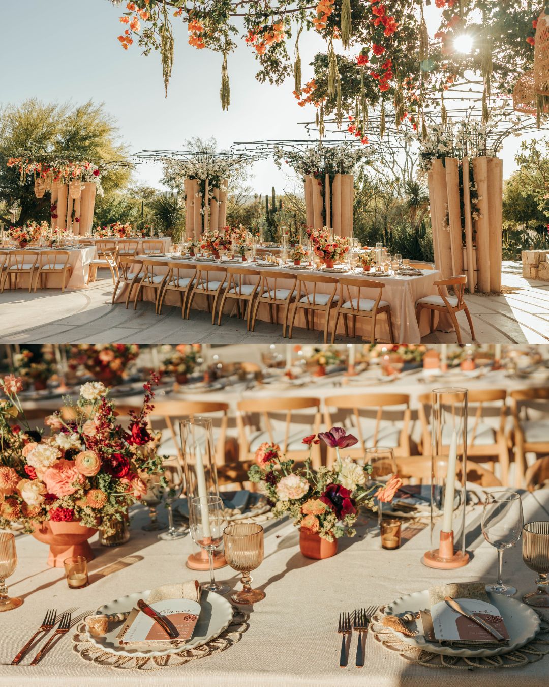 Outdoor event setup with long wooden tables, floral centerpieces, candles, and decorative hanging arrangements under natural sunlight.