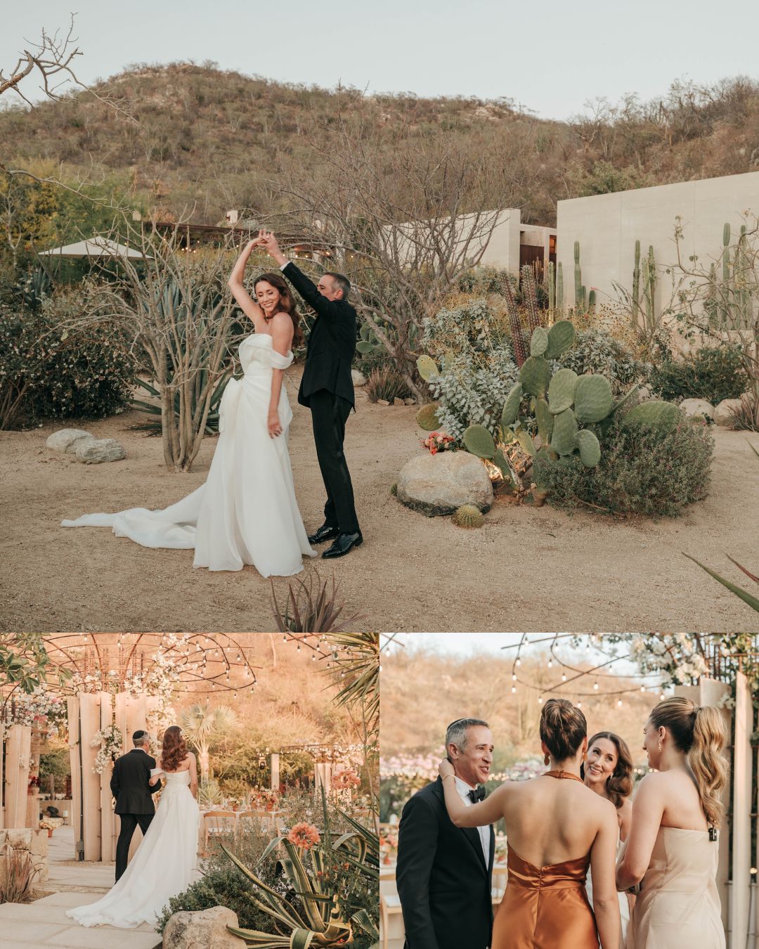A bride and groom pose outdoors in a desert garden; other images show wedding guests mingling and the couple walking together.