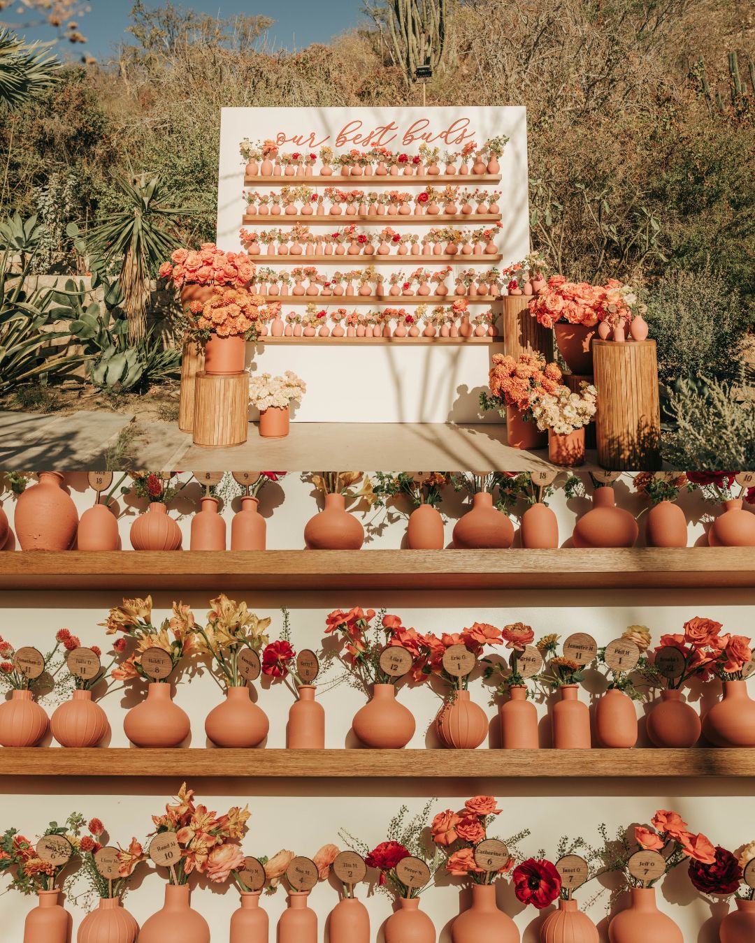 Rows of terracotta vases with colorful flowers are arranged on tiered shelves outdoors, with a display board and potted plants in the background.