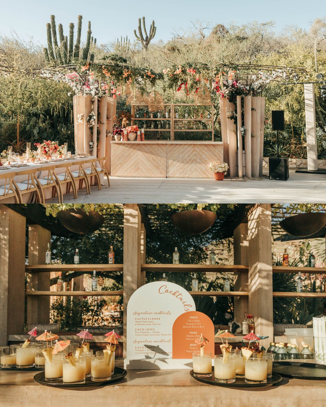 Outdoor bar setup with floral decorations, long tables, and a drinks station displaying cocktails and a menu in a sunny garden setting with cacti in the background.