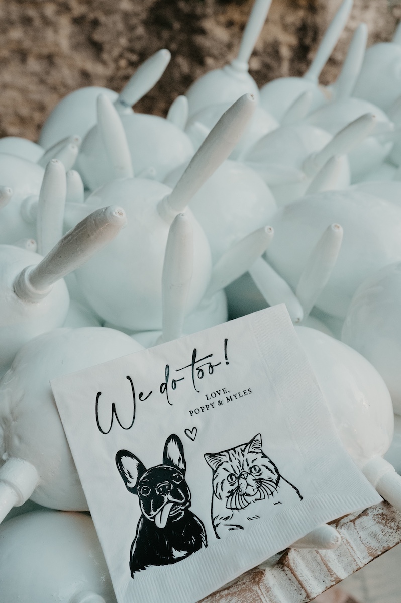 White balloons with horns are arranged together, and a card with illustrations of a dog and a cat reads "We do too! Love, Toby &amp; Felix.