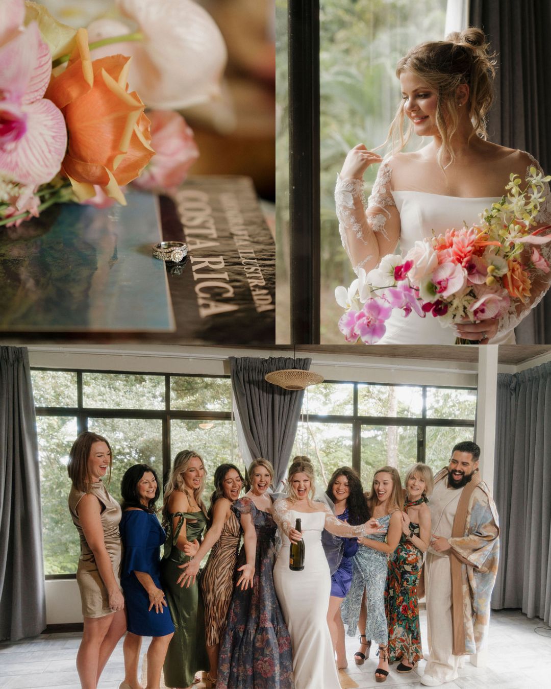 Collage showing a close-up of flowers and a Costa Rica invitation, a bride holding a bouquet, and a group photo with the bride and wedding party indoors.