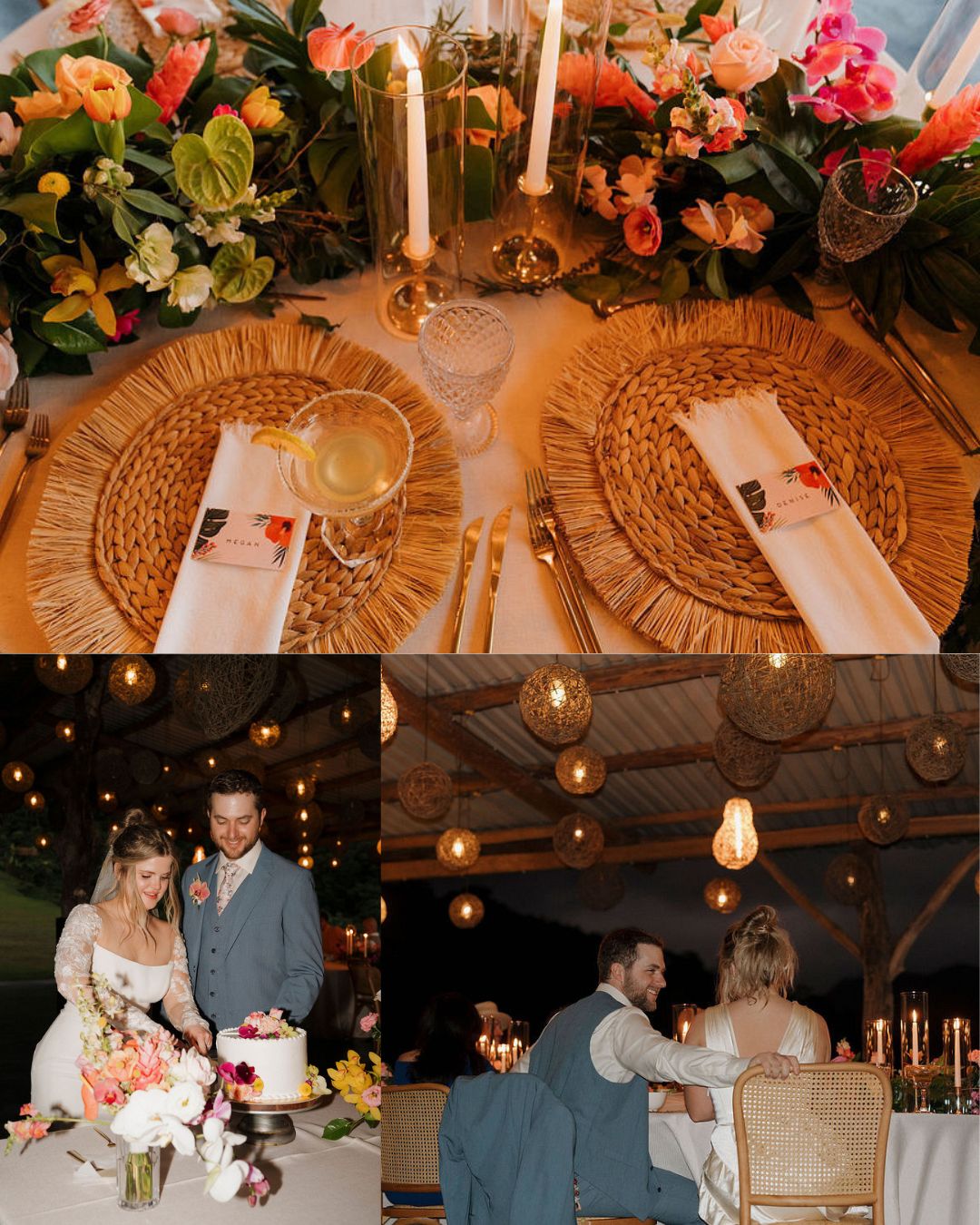 A table set with floral arrangements and candles, a couple cutting cake, and the same couple seated together at a reception under hanging lights.