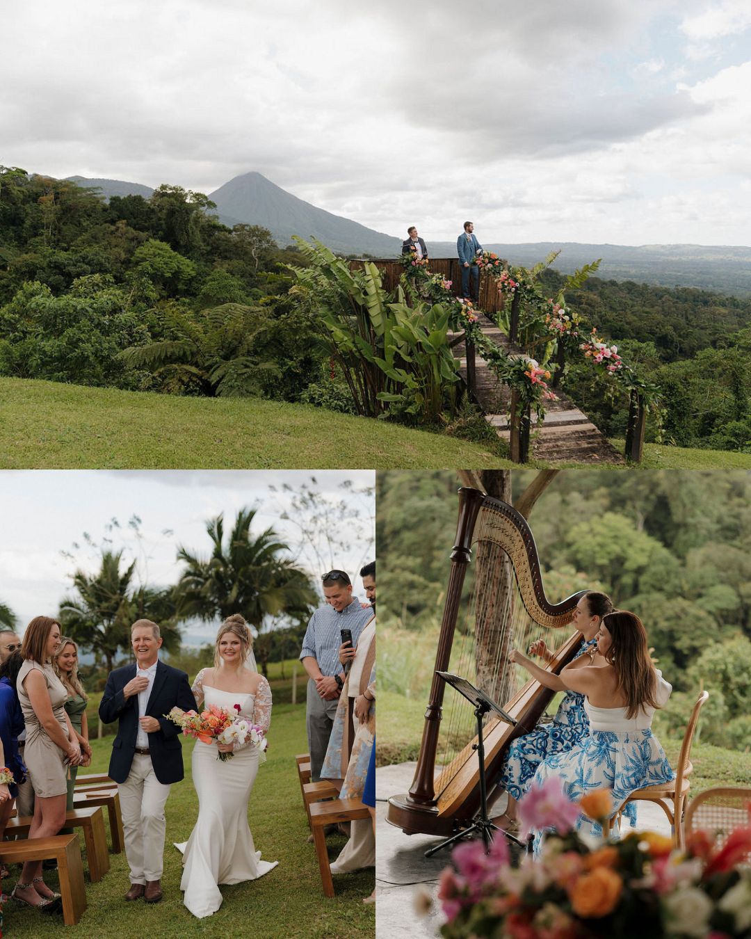 A wedding ceremony outdoors: a couple walks on a flower-decorated bridge, guests are seated, and a harpist performs against a lush, mountainous backdrop.
