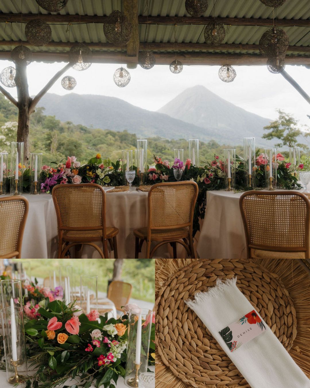 Outdoor dining setup with wicker chairs, white tablecloths, floral centerpieces, and mountains in the background; close-ups show floral arrangements and napkins on a woven placemat.