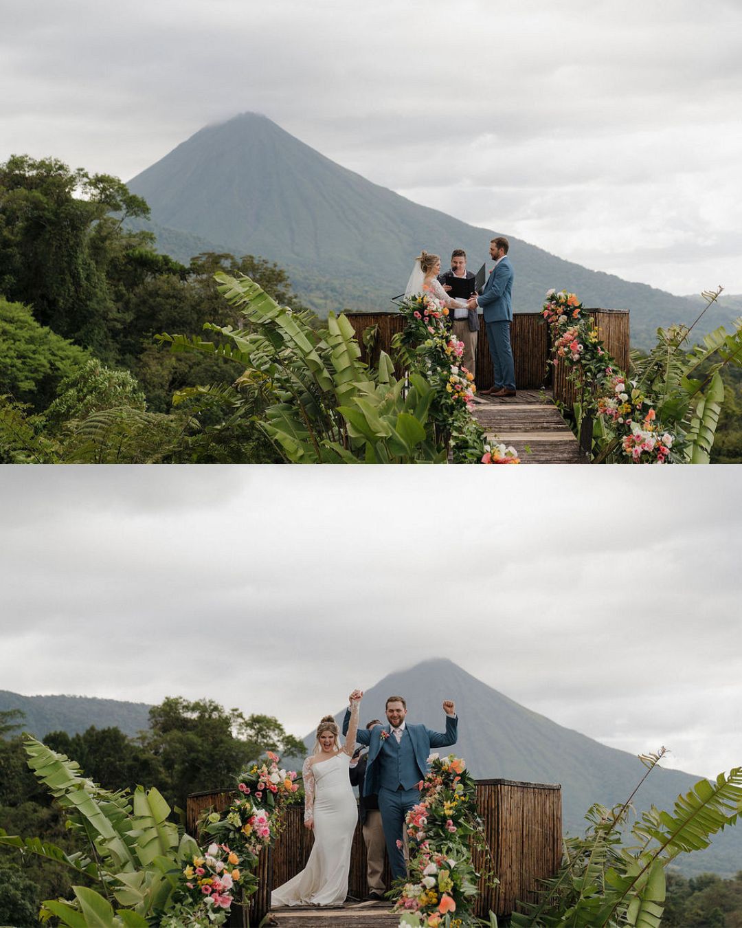 A bride and groom stand with two others on a decorated wooden platform surrounded by greenery, with a volcano visible in the background.