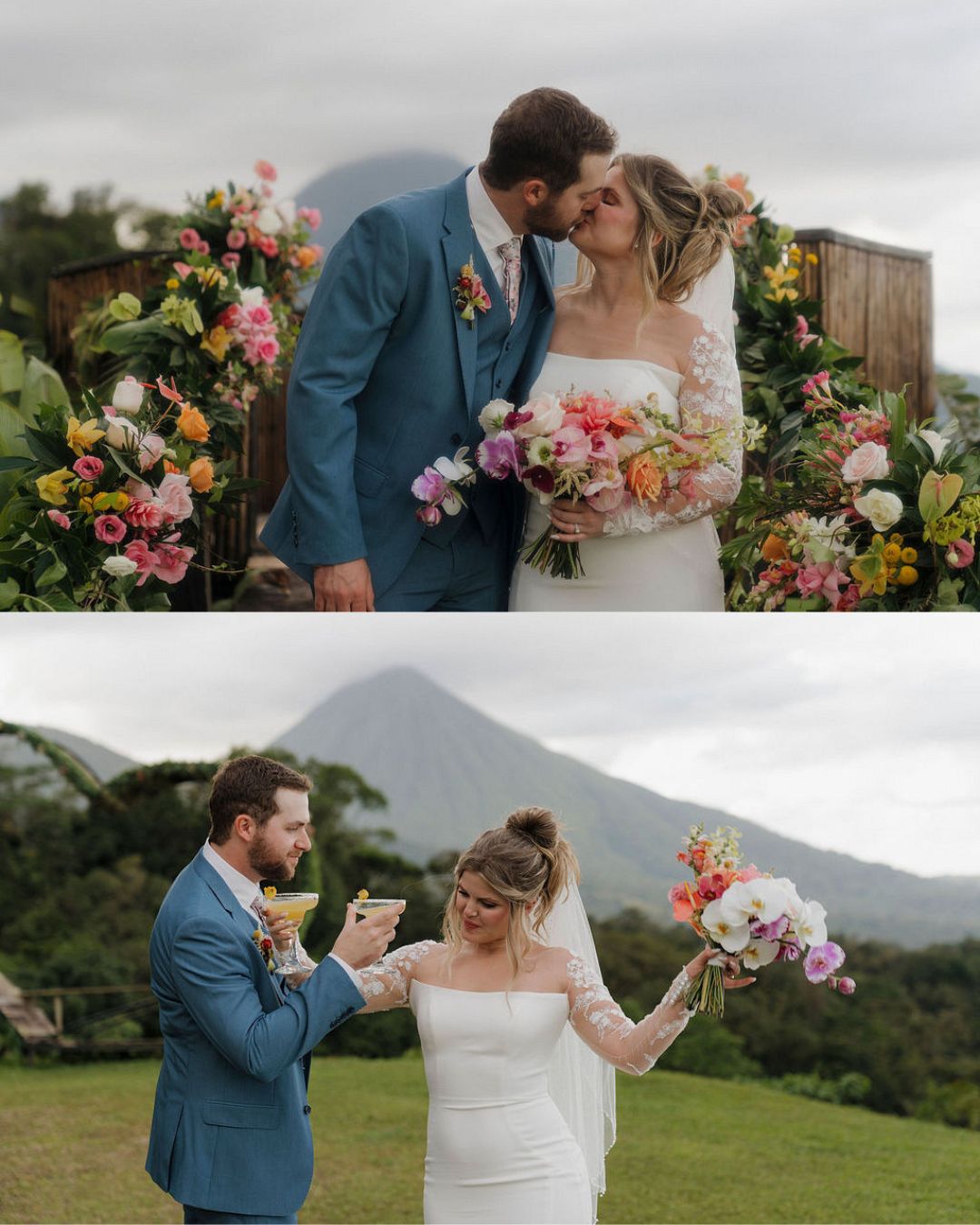 A bride and groom pose together outdoors in front of a floral arrangement and mountain backdrop, holding colorful bouquets and wearing wedding attire.